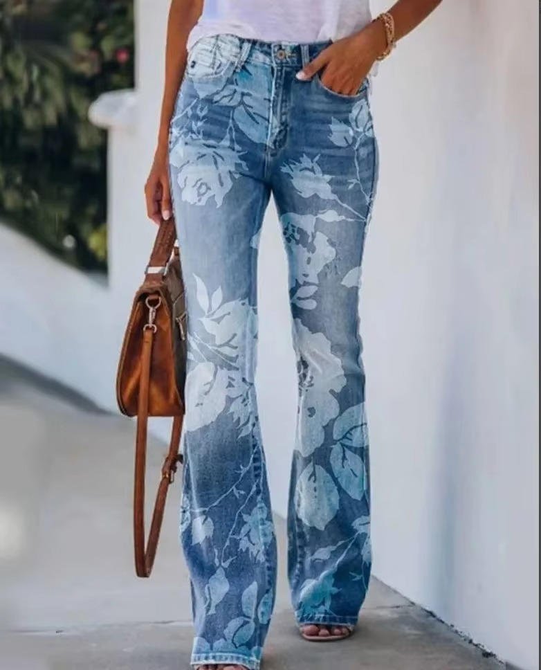 Women's High-Waist Flared Jeans with Embroidered Floral Hem in Blue Denim | Koossa