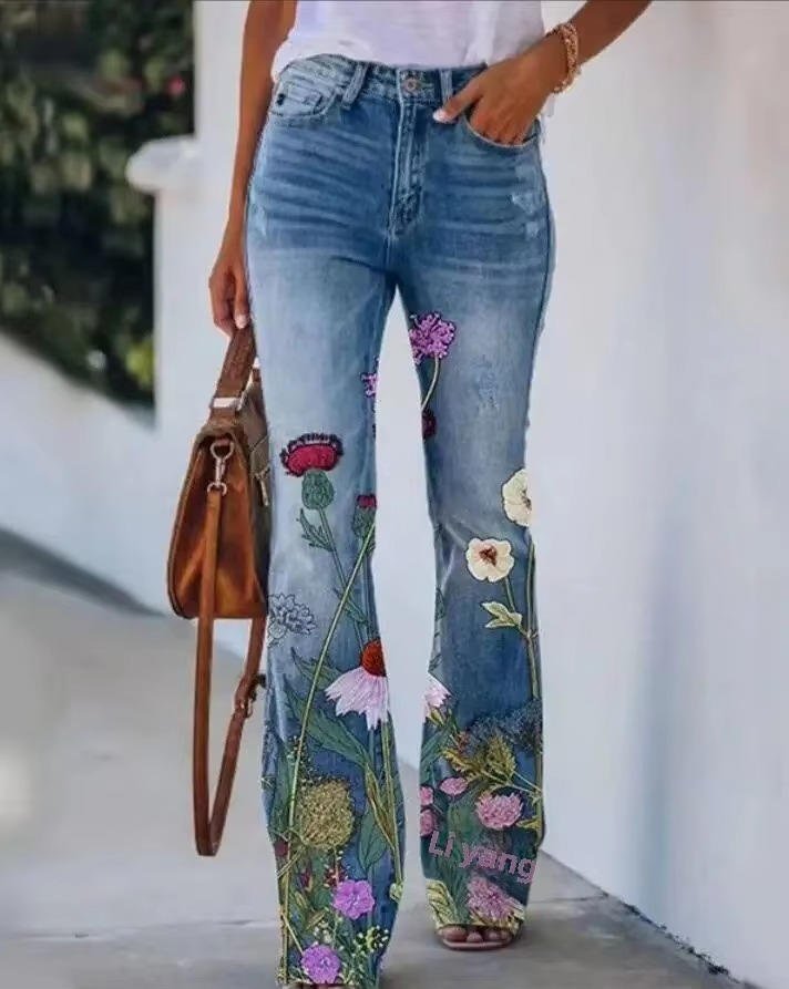 Women's High-Waist Flared Jeans with Embroidered Floral Hem in Blue Denim | Koossa