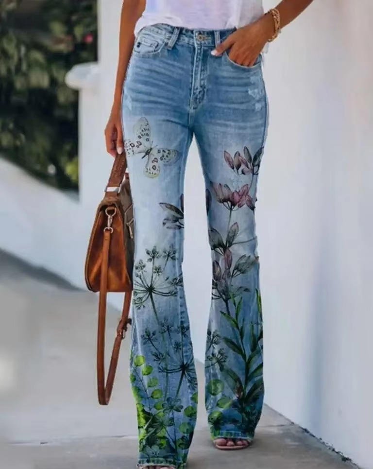 Women's High-Waist Flared Jeans with Embroidered Floral Hem in Blue Denim | Koossa