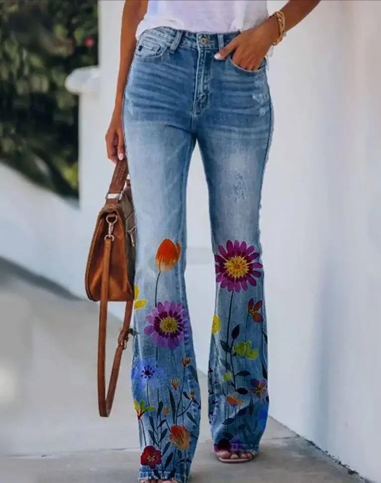 Women's High-Waist Flared Jeans with Embroidered Floral Hem in Blue Denim | Koossa