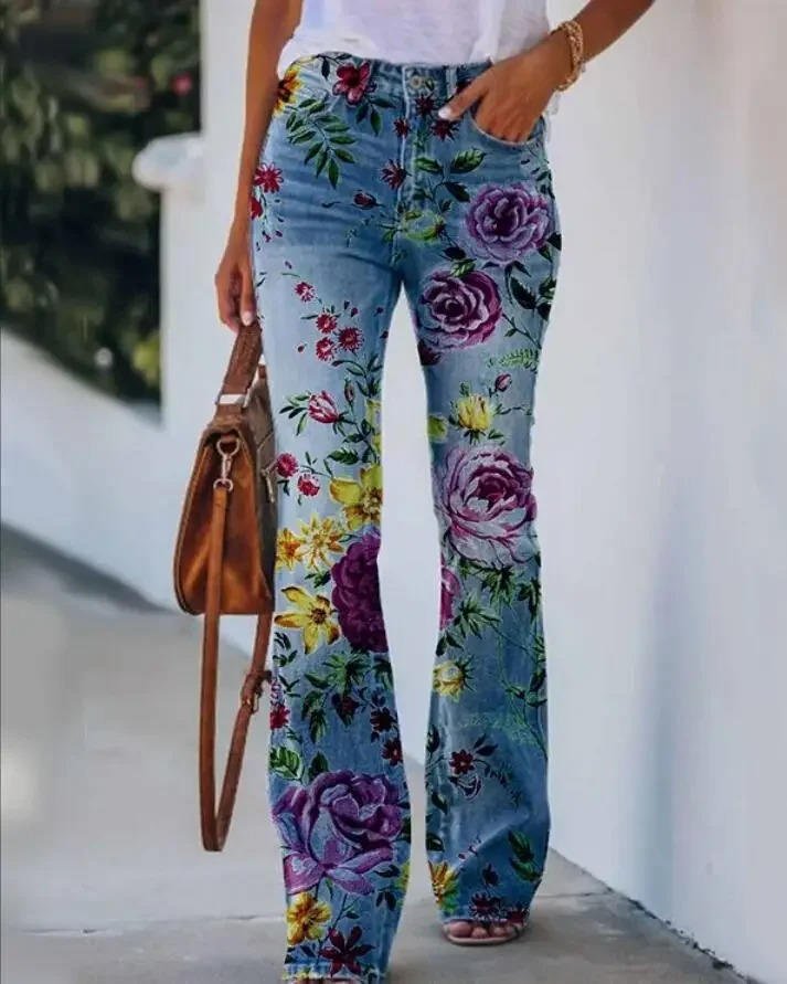 Women's High-Waist Flared Jeans with Embroidered Floral Hem in Blue Denim | Koossa
