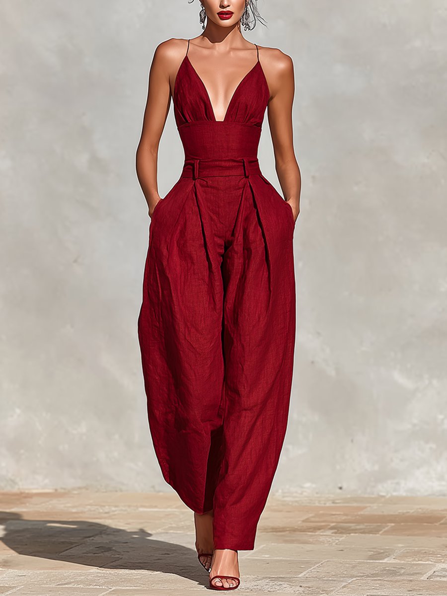 Women's High-Waist Linen Jumpsuit with Wide-Leg Trousers and Spaghetti Straps – Elegant All-In-One for Summer Weddings and Holiday Evenings | Koossa