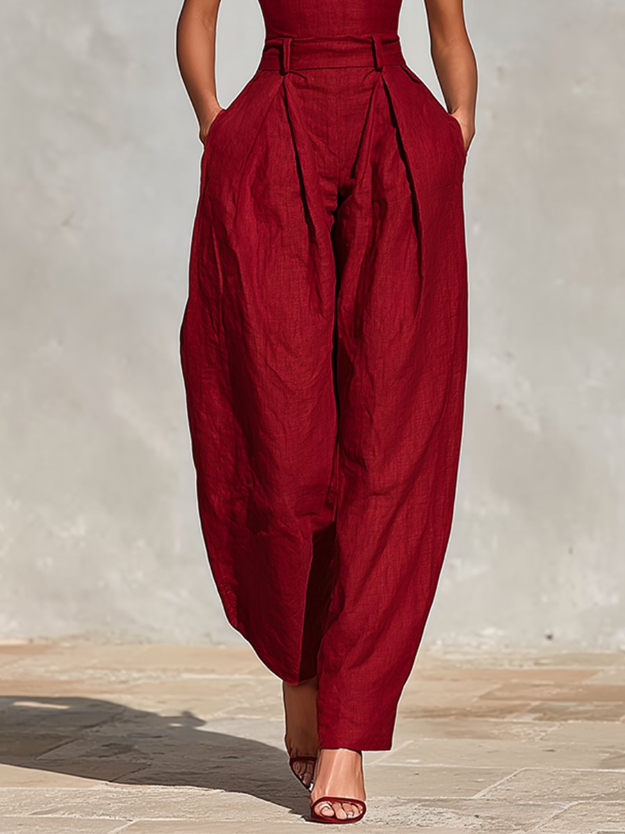 Women's High-Waist Linen Jumpsuit with Wide-Leg Trousers and Spaghetti Straps – Elegant All-In-One for Summer Weddings and Holiday Evenings | Koossa