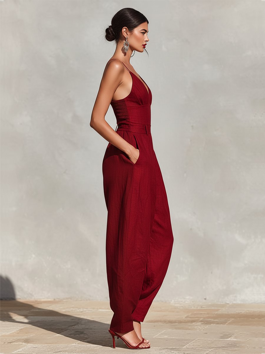 Women's High-Waist Linen Jumpsuit with Wide-Leg Trousers and Spaghetti Straps – Elegant All-In-One for Summer Weddings and Holiday Evenings | Koossa