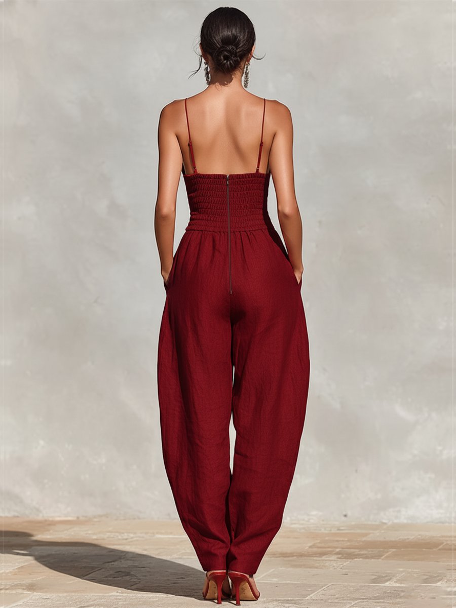 Women's High-Waist Linen Jumpsuit with Wide-Leg Trousers and Spaghetti Straps – Elegant All-In-One for Summer Weddings and Holiday Evenings | Koossa