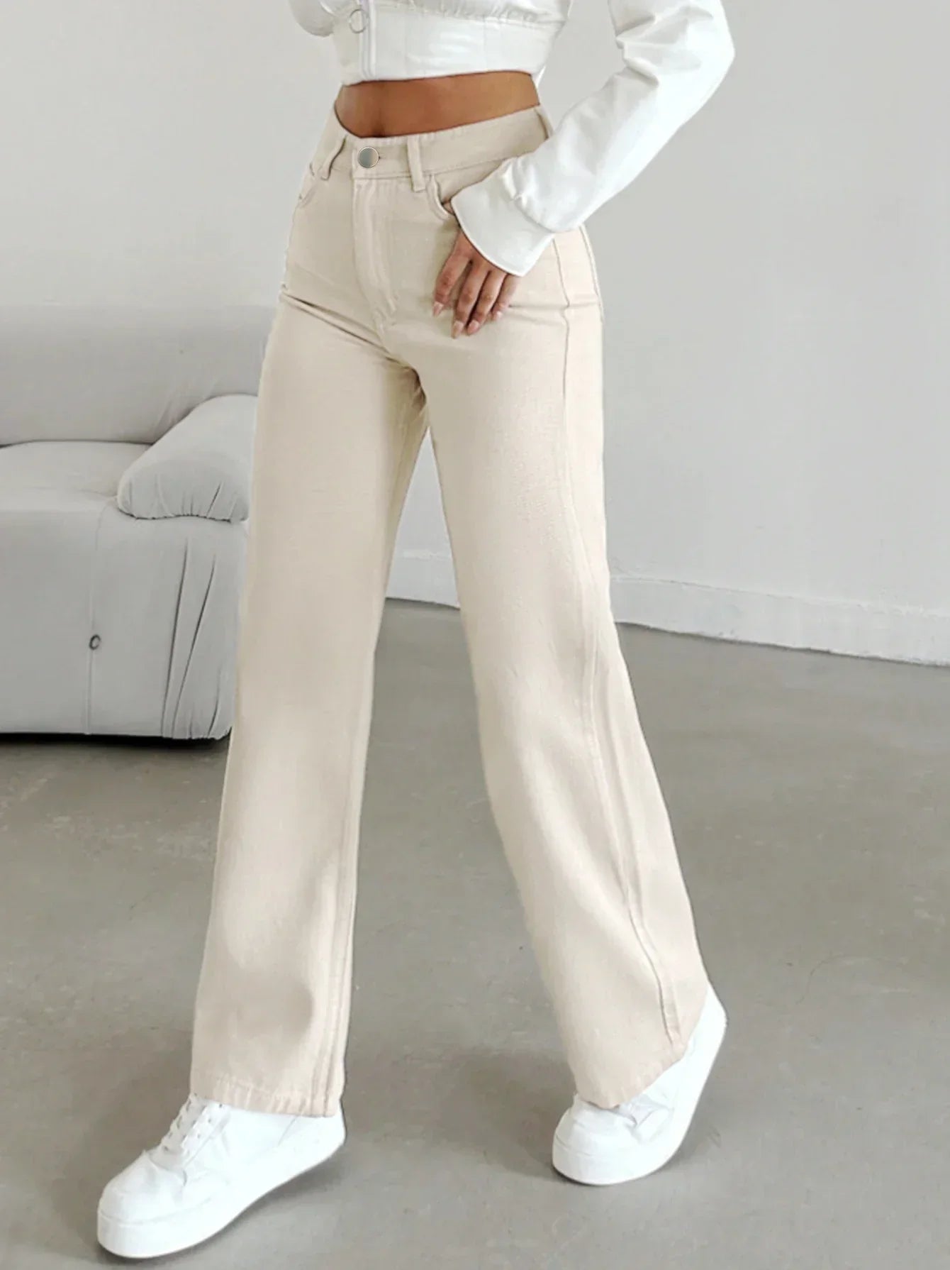 High-Waisted Straight-Leg Trousers in Ivory for Work and Weekend | Koossa