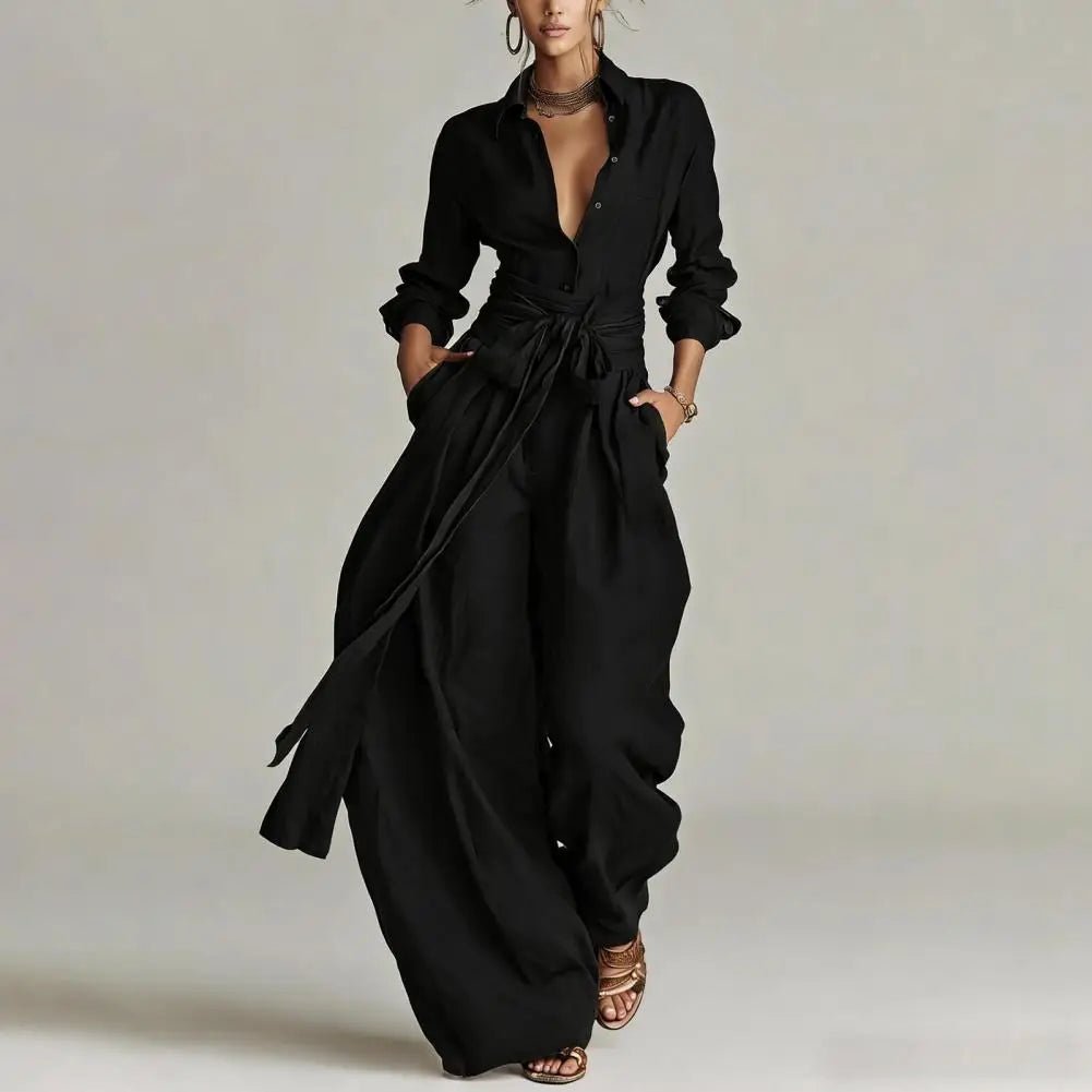 Linen Co-ord Set with Open Collar Shirt and Wide-Leg Trousers in Apricot, Khaki, Coffee, Black – Sophisticated Two-Piece Ensemble for Effortless Elegance | Koossa