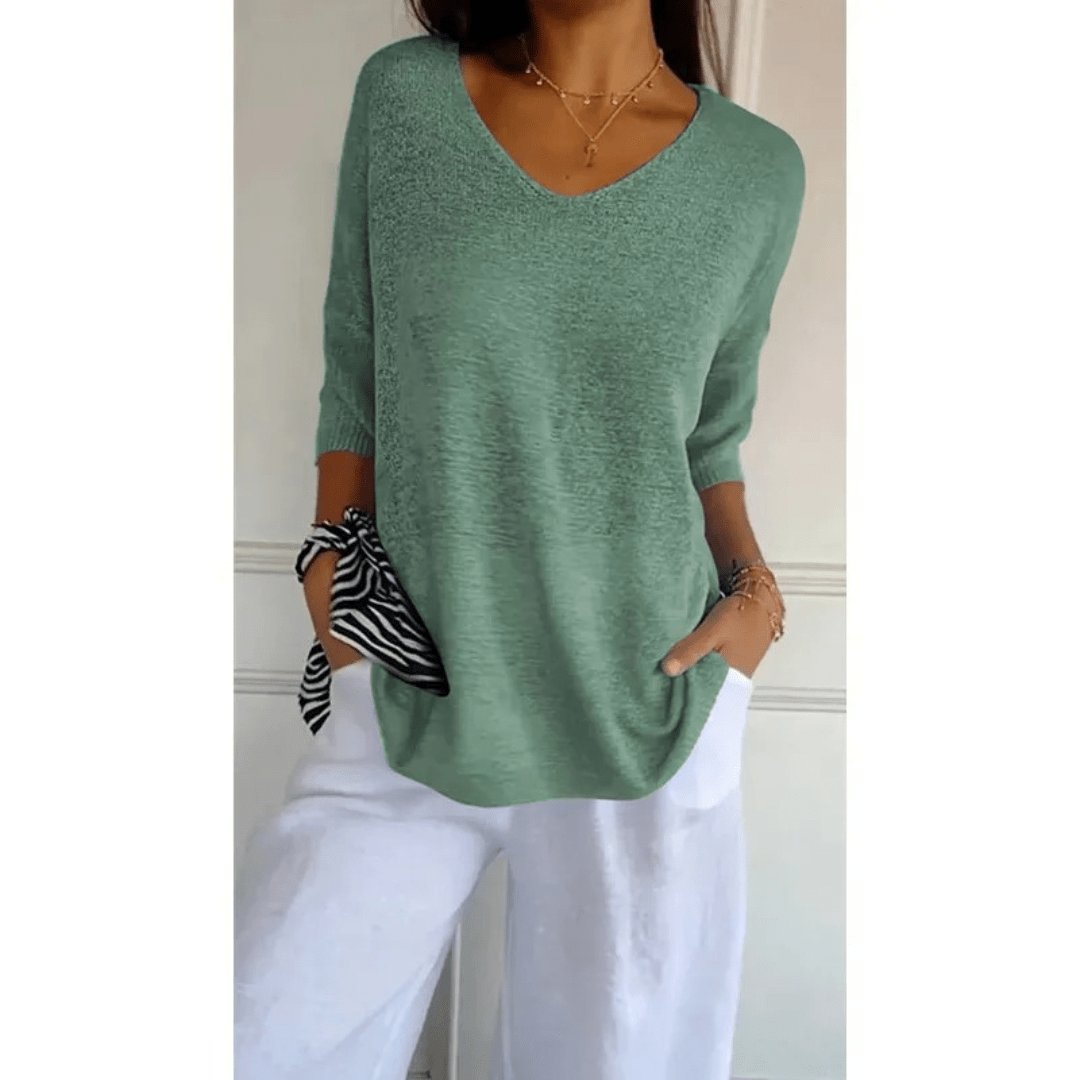 V-Neck Linen Blouse with Three-Quarter Sleeves in Classic Colours for Effortless Spring and Summer Style | Koossa
