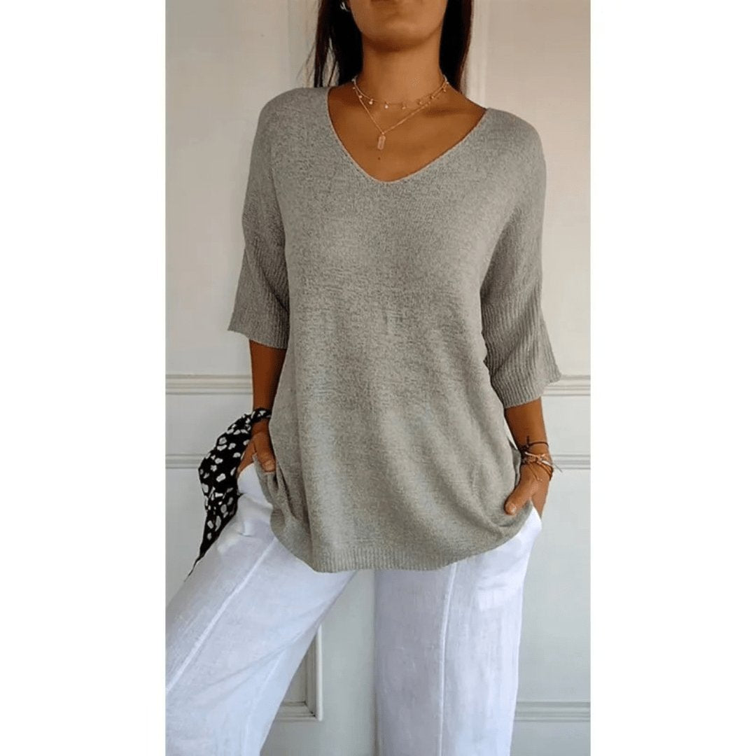 V-Neck Linen Blouse with Three-Quarter Sleeves in Classic Colours for Effortless Spring and Summer Style | Koossa
