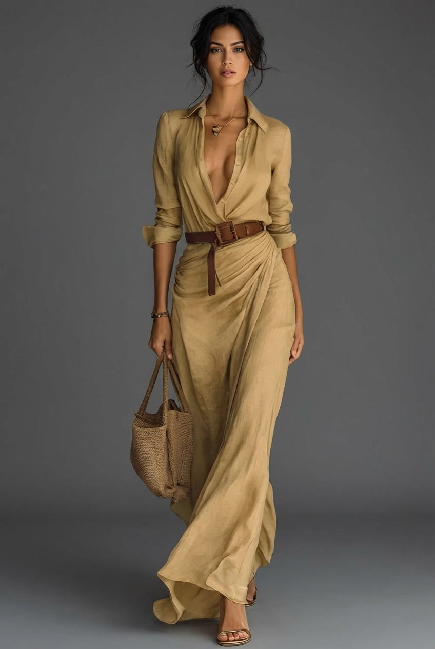 Women's Wrap Front Maxi Dress with Point Collar & Belt Khaki Navy Black | Timeless Long-Sleeved Flattering Cinched Waist Elegant Floor-Length Occasion Dress | Koossa