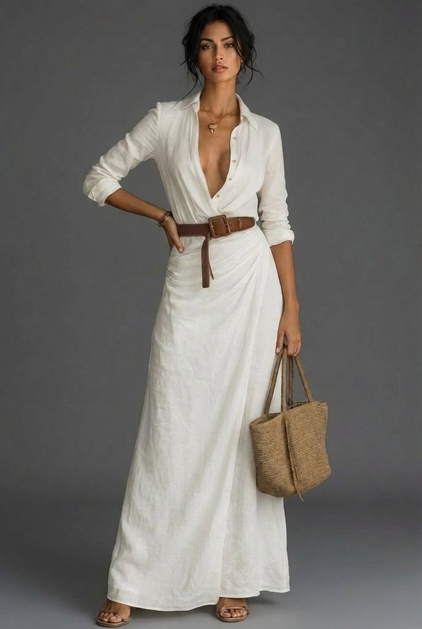 Women's Wrap Front Maxi Dress with Point Collar & Belt Khaki Navy Black | Timeless Long-Sleeved Flattering Cinched Waist Elegant Floor-Length Occasion Dress | Koossa