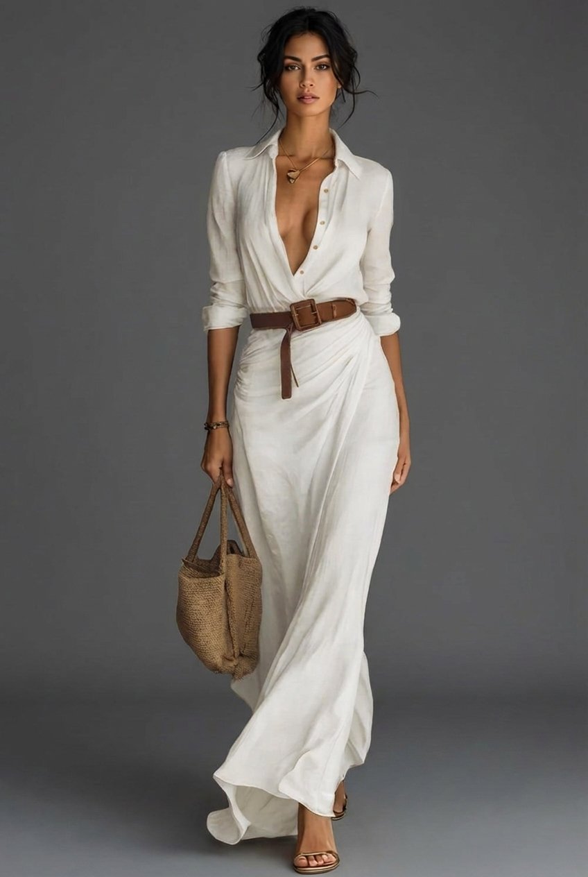 Women's Wrap Front Maxi Dress with Point Collar & Belt Khaki Navy Black | Timeless Long-Sleeved Flattering Cinched Waist Elegant Floor-Length Occasion Dress | Koossa