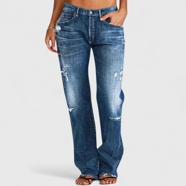 Women's Straight Leg Distressed Low-Rise Jeans in Denim Blue for Casual Everyday Dressing and Relaxed Weekend Styling | Koossa