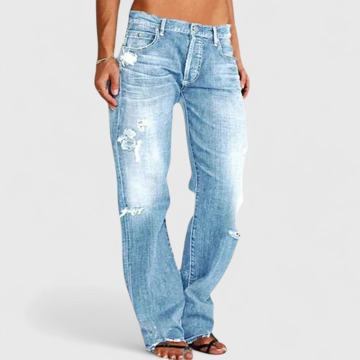Women's Straight Leg Distressed Low-Rise Jeans in Denim Blue for Casual Everyday Dressing and Relaxed Weekend Styling | Koossa