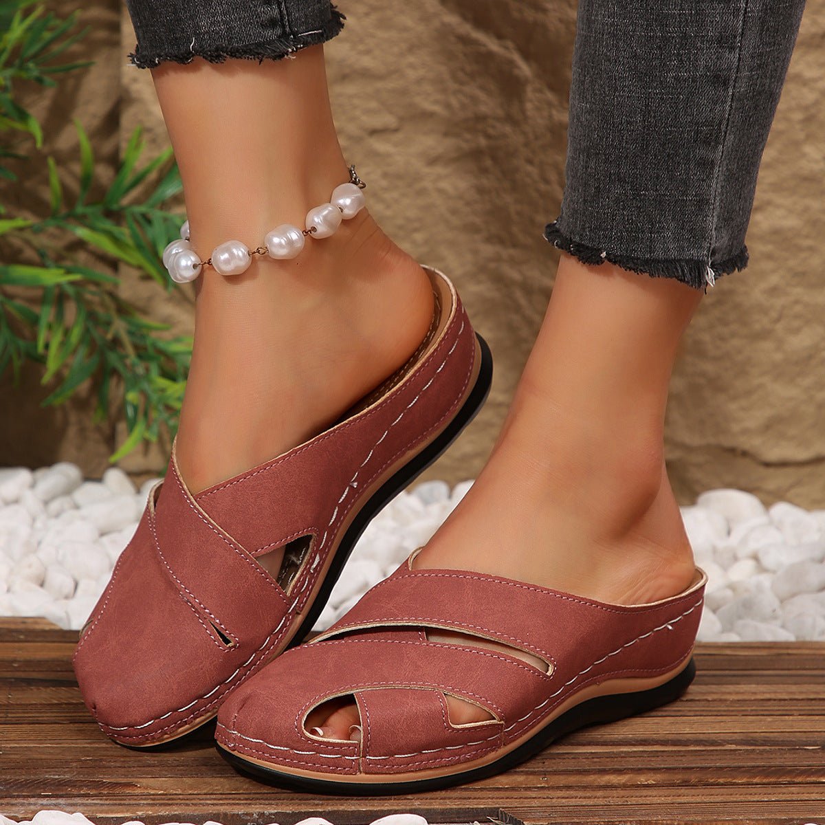 Women's Cushioned Slip-On Sandals with Rounded Toe and Arch Support – Breathable Summer Footwear for All-Day Comfort | Koossa