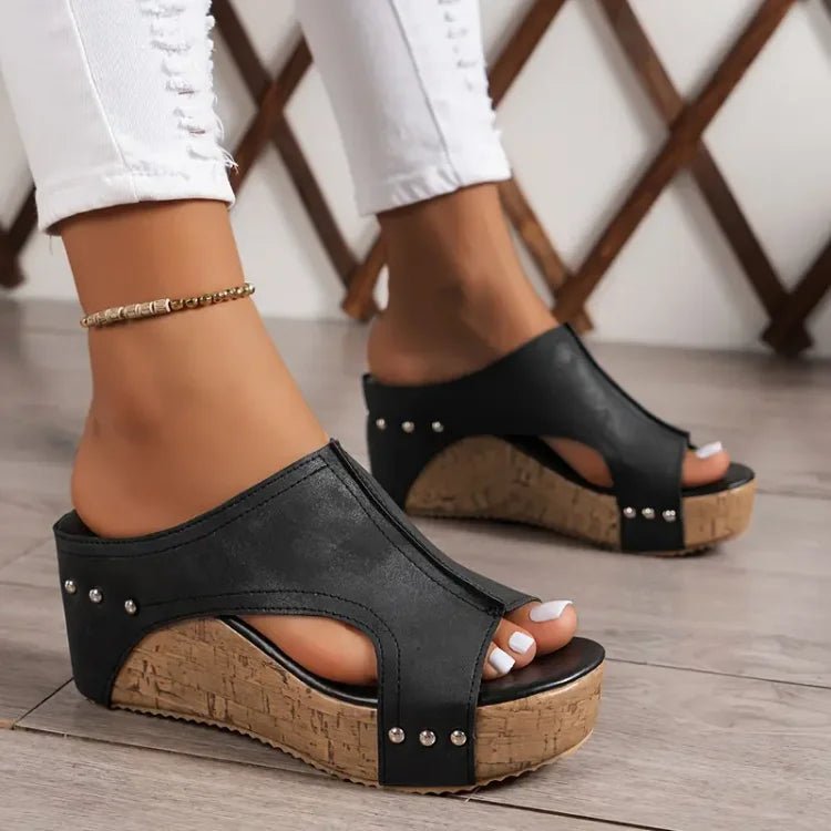 Women's Cork Wedge Sandals with Contoured Footbed – Black, Brown, Beige – Summer Comfort Footwear for Walking and Holidays | Koossa