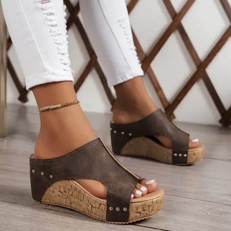Women's Cork Wedge Sandals with Contoured Footbed – Black, Brown, Beige – Summer Comfort Footwear for Walking and Holidays | Koossa