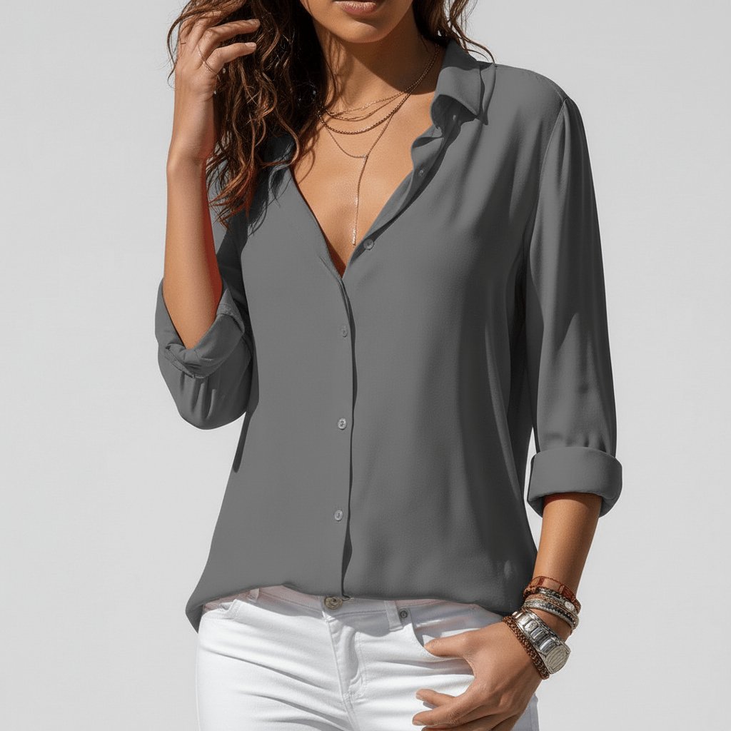 Women's Relaxed-Fit Button-Through Shirt in Classic Grey | Smart-Casual Blouse with Rollable Cuffs for Office, Weekend, and Evening Wear | Koossa
