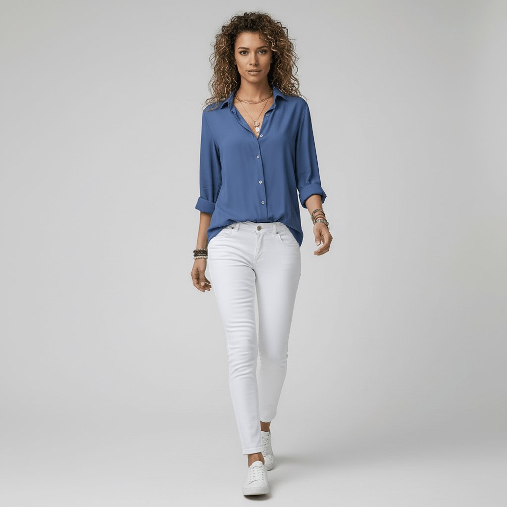 Women's Relaxed-Fit Button-Through Shirt in Classic Grey | Smart-Casual Blouse with Rollable Cuffs for Office, Weekend, and Evening Wear | Koossa