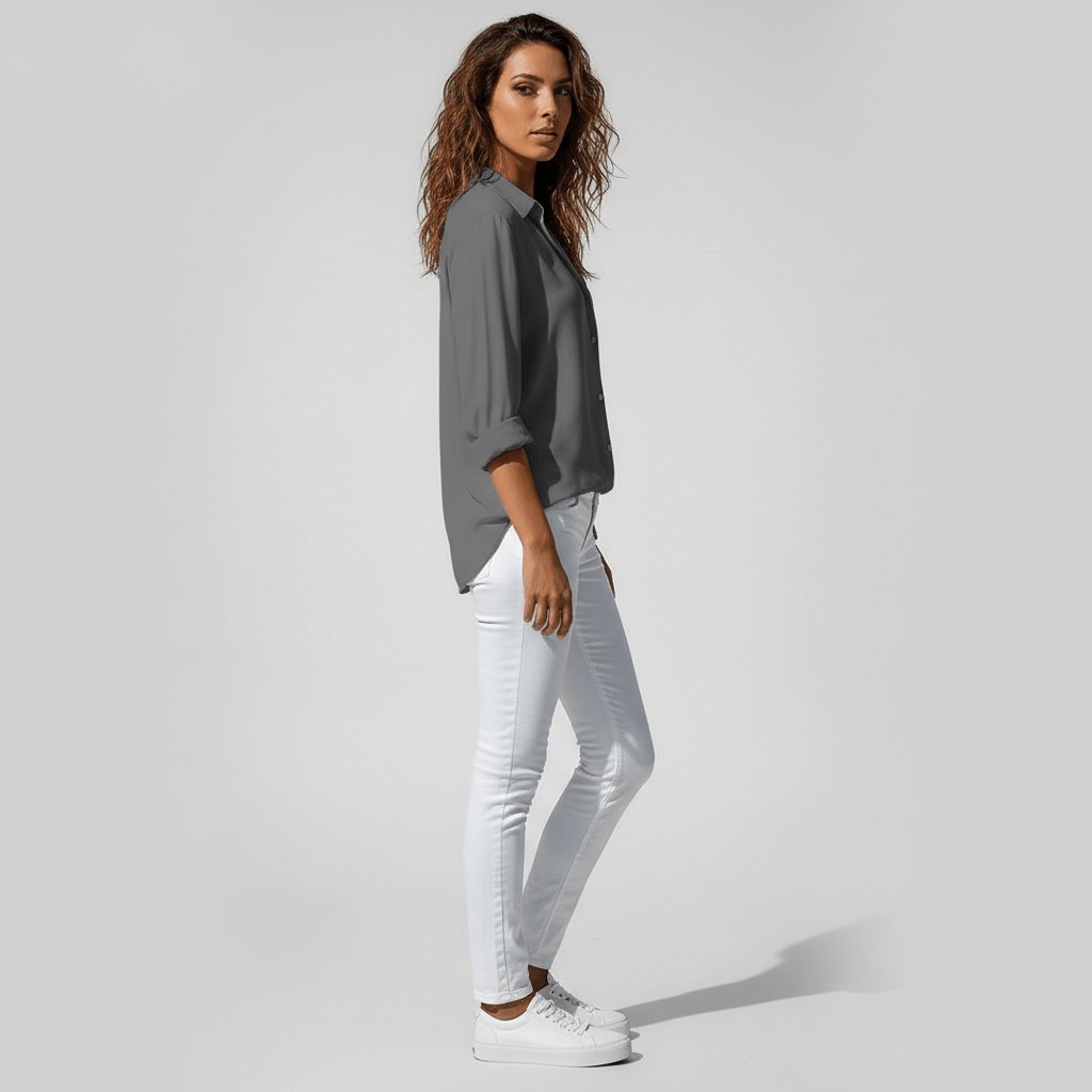 Women's Relaxed-Fit Button-Through Shirt in Classic Grey | Smart-Casual Blouse with Rollable Cuffs for Office, Weekend, and Evening Wear | Koossa