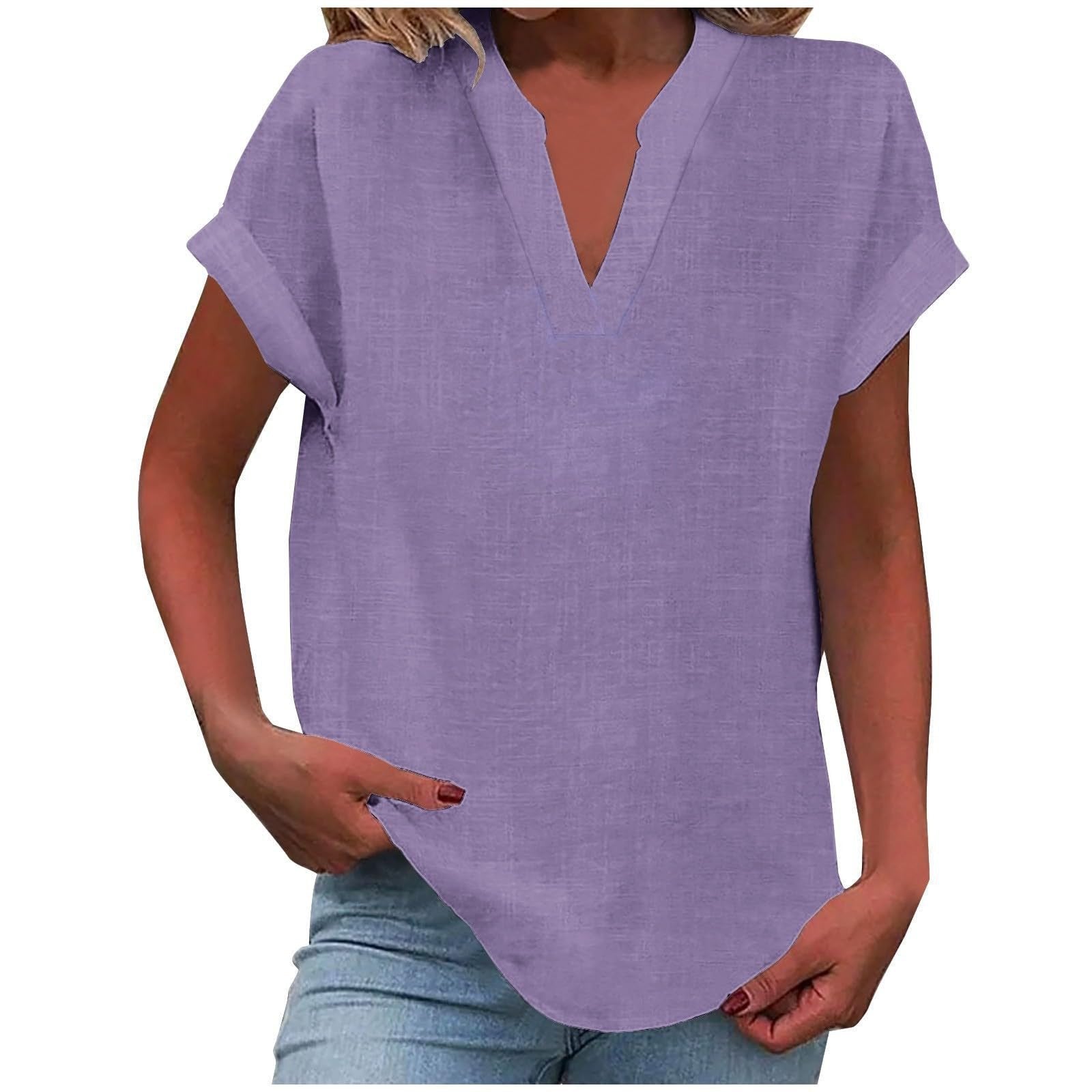 Women's Relaxed V-Neck Short-Sleeve Blouse in Light Purple, Pink, Sky Blue & More | Koossa