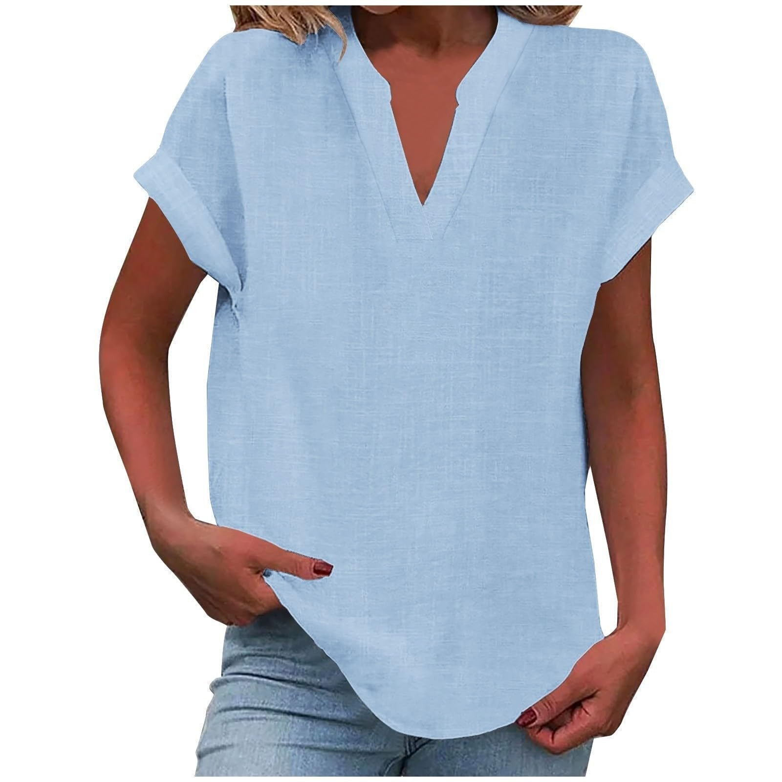 Women's Relaxed V-Neck Short-Sleeve Blouse in Light Purple, Pink, Sky Blue & More | Koossa