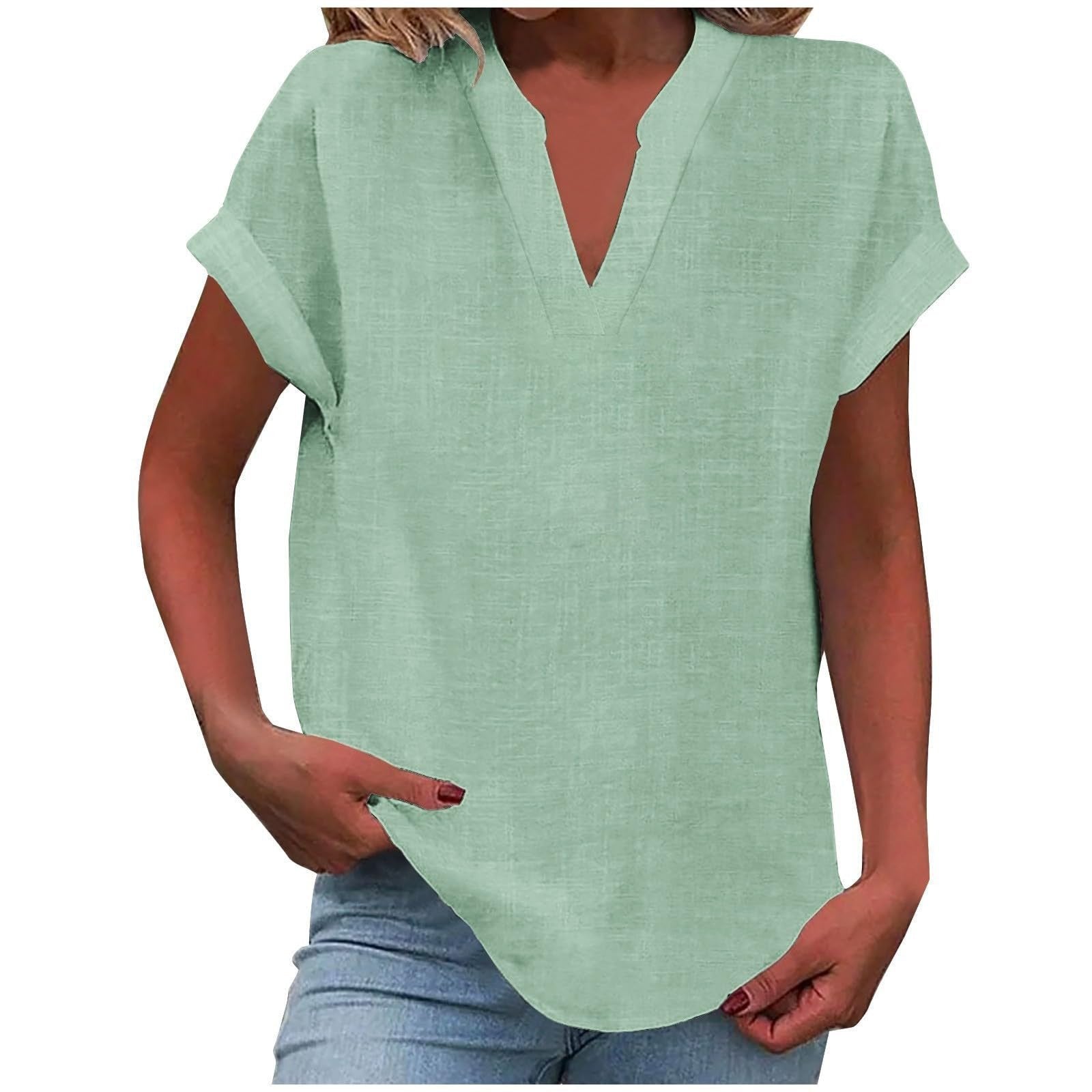 Women's Relaxed V-Neck Short-Sleeve Blouse in Light Purple, Pink, Sky Blue & More | Koossa