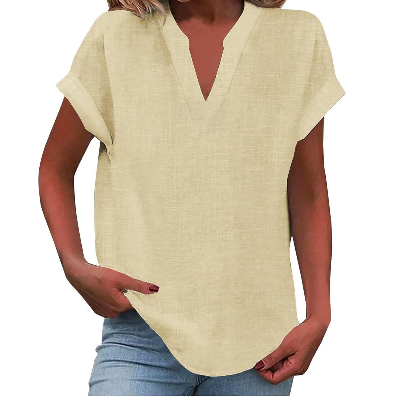 Women's Relaxed V-Neck Short-Sleeve Blouse in Light Purple, Pink, Sky Blue & More | Koossa