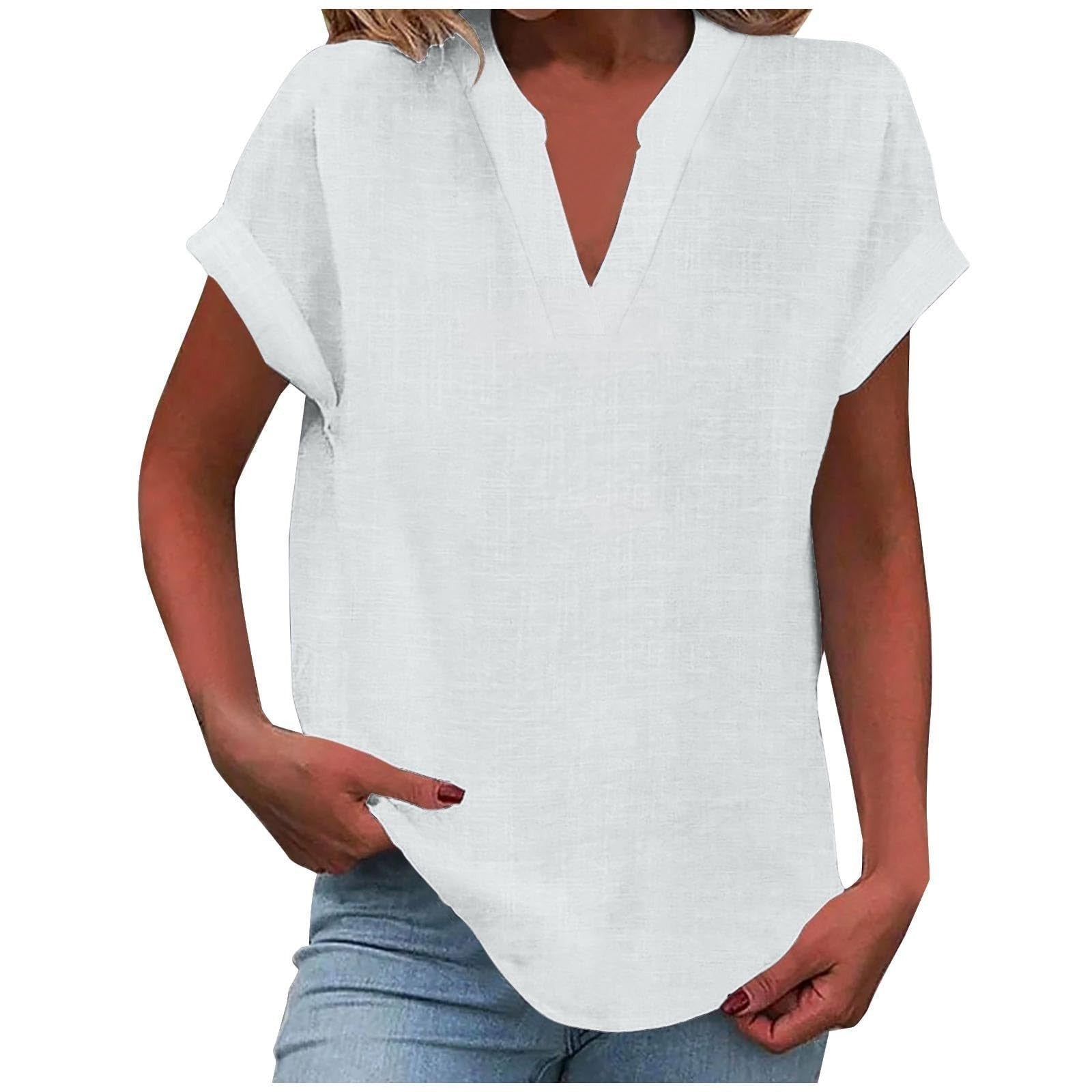 Women's Relaxed V-Neck Short-Sleeve Blouse in Light Purple, Pink, Sky Blue & More | Koossa
