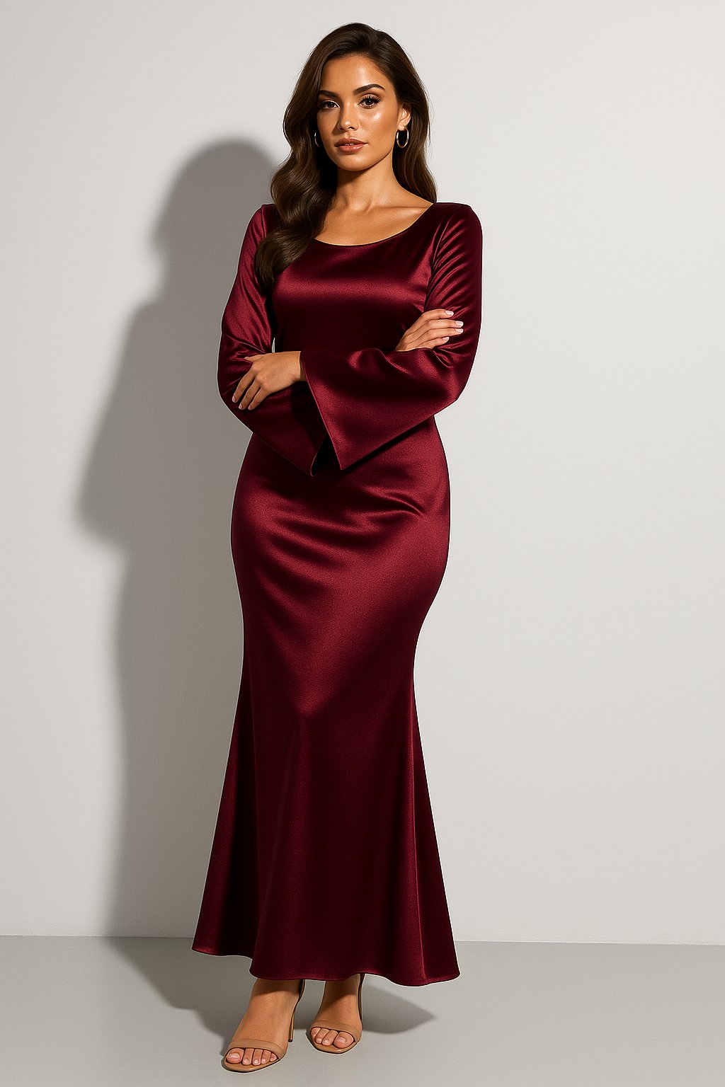 Women's Lustrous Satin Evening Gown with Trumpet Sleeves and Fishtail Hem in Rich Dark Red, Black, White, Brown | Koossa