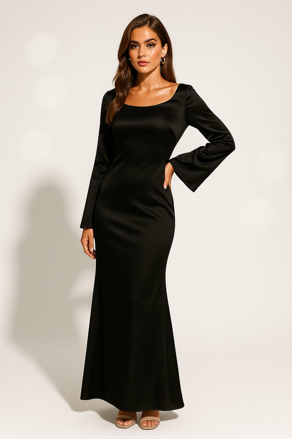 Women's Lustrous Satin Evening Gown with Trumpet Sleeves and Fishtail Hem in Rich Dark Red, Black, White, Brown | Koossa