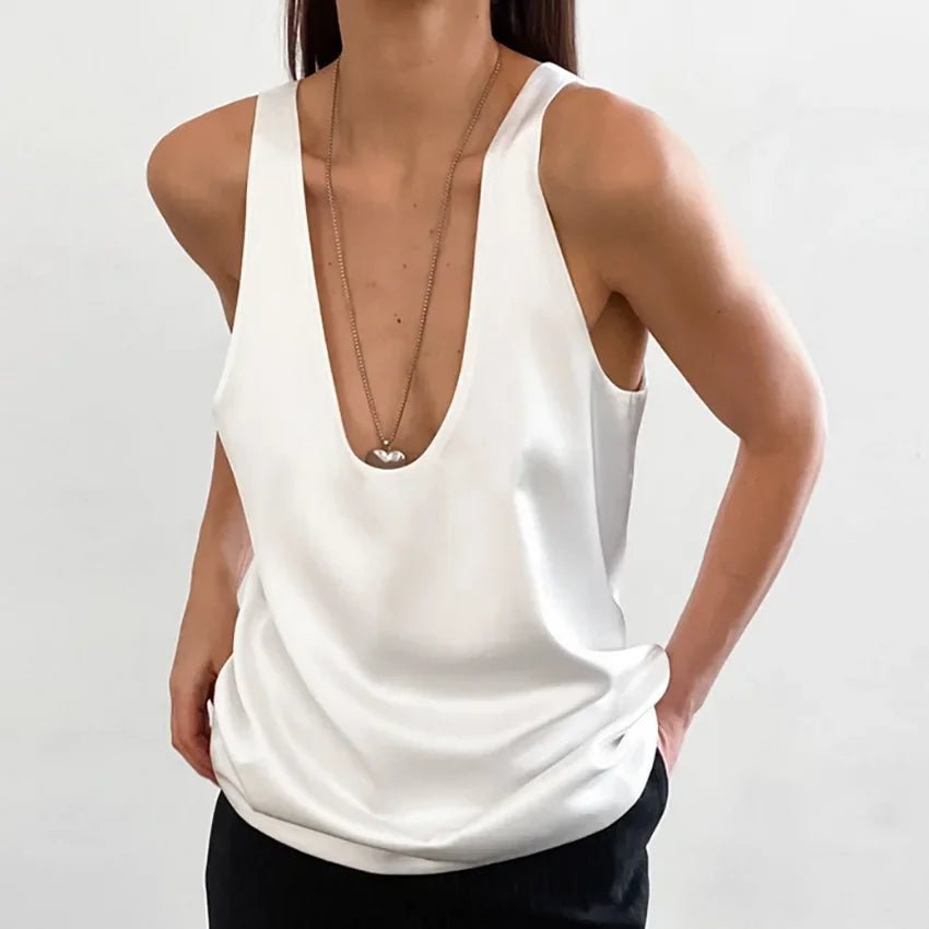 Women's Sleeveless Satin Top with Draped U-Neckline in Black and White – Elegant Summer Vest for Evening Occasions and Weekend Styling | Koossa