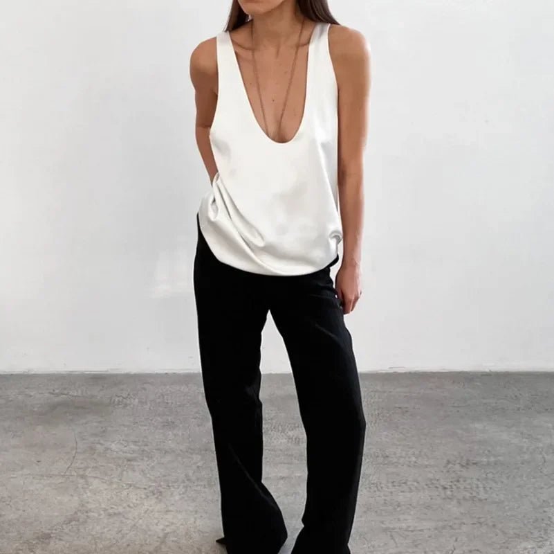 Women's Sleeveless Satin Top with Draped U-Neckline in Black and White – Elegant Summer Vest for Evening Occasions and Weekend Styling | Koossa