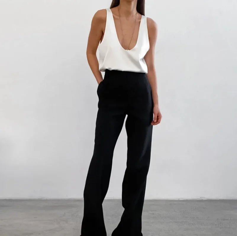 Women's Sleeveless Satin Top with Draped U-Neckline in Black and White – Elegant Summer Vest for Evening Occasions and Weekend Styling | Koossa