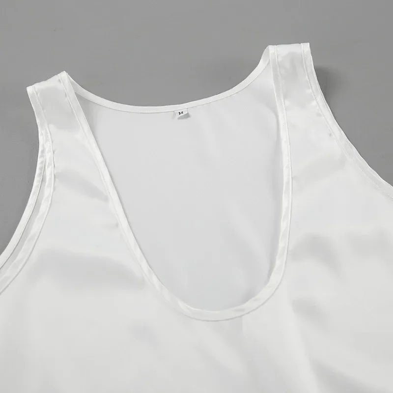 Women's Sleeveless Satin Top with Draped U-Neckline in Black and White – Elegant Summer Vest for Evening Occasions and Weekend Styling | Koossa
