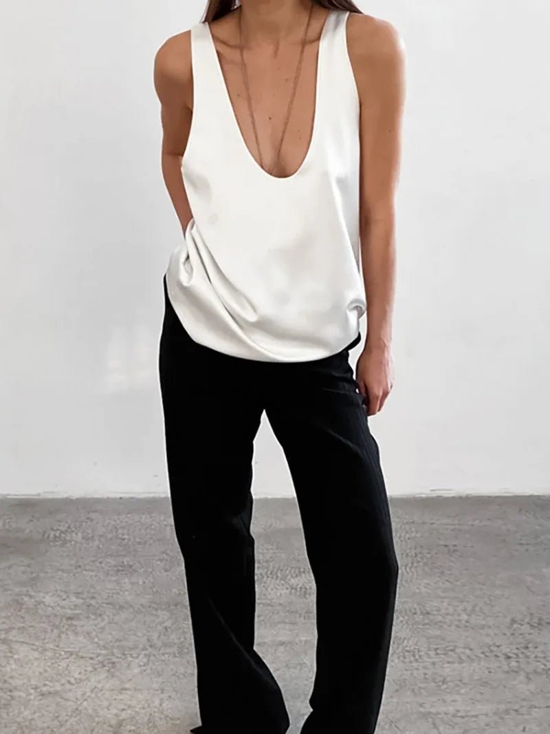 Women's Sleeveless Satin Top with Draped U-Neckline in Black and White – Elegant Summer Vest for Evening Occasions and Weekend Styling | Koossa