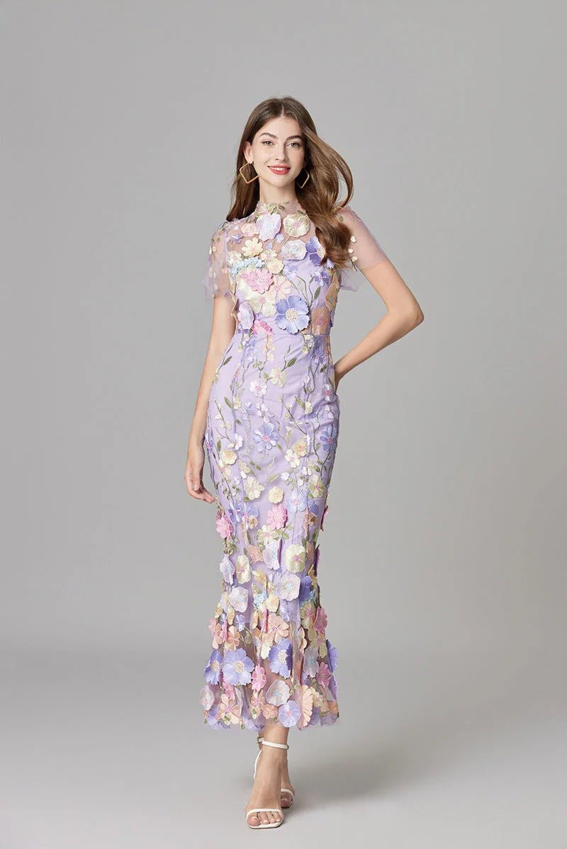 Women's Sleeveless Dimensional Floral Appliqué Evening Gown in Sheer Mesh with Nude Lining – Romantic Column Maxi for Garden Weddings, Summer Galas, Special Celebrations & Formal Events | Koossa