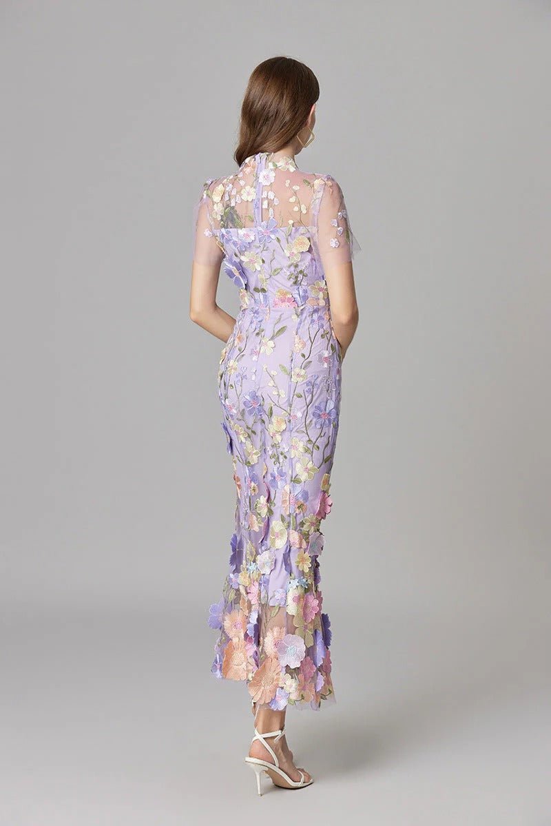 Women's Sleeveless Dimensional Floral Appliqué Evening Gown in Sheer Mesh with Nude Lining – Romantic Column Maxi for Garden Weddings, Summer Galas, Special Celebrations & Formal Events | Koossa