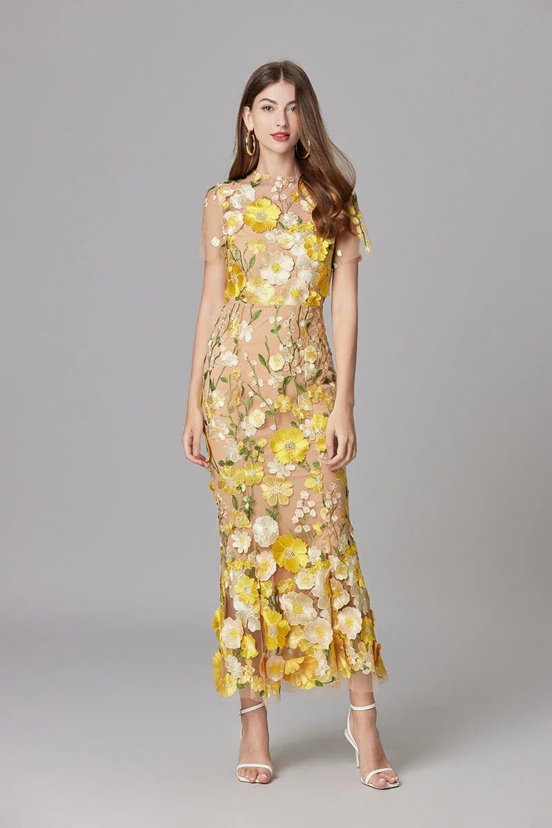 Women's Sleeveless Dimensional Floral Appliqué Evening Gown in Sheer Mesh with Nude Lining – Romantic Column Maxi for Garden Weddings, Summer Galas, Special Celebrations & Formal Events | Koossa