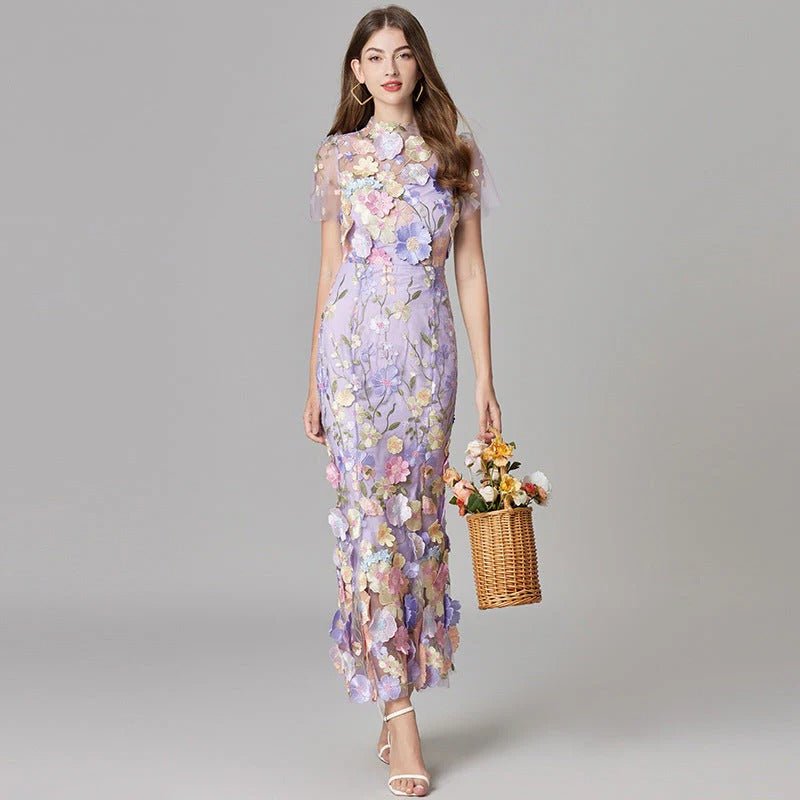 Women's Sleeveless Dimensional Floral Appliqué Evening Gown in Sheer Mesh with Nude Lining – Romantic Column Maxi for Garden Weddings, Summer Galas, Special Celebrations & Formal Events | Koossa