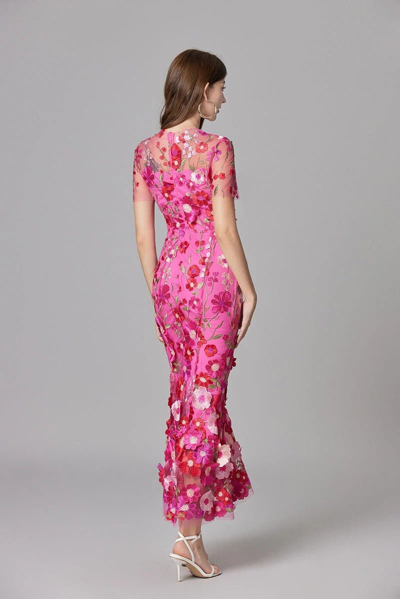 Women's Sleeveless Dimensional Floral Appliqué Evening Gown in Sheer Mesh with Nude Lining – Romantic Column Maxi for Garden Weddings, Summer Galas, Special Celebrations & Formal Events | Koossa