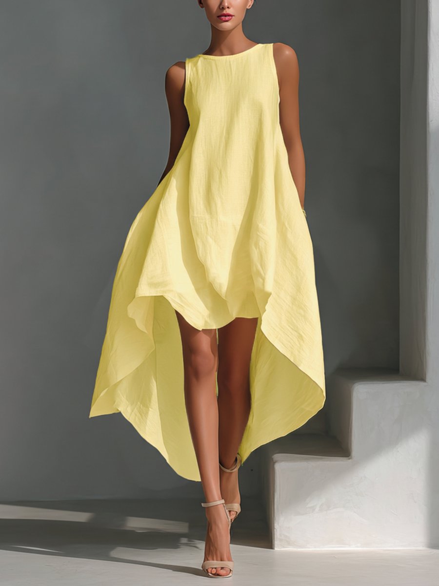 Women's Sleeveless Linen Midi Dress with Pointed Hem Panels for Summer Occasions | Koossa