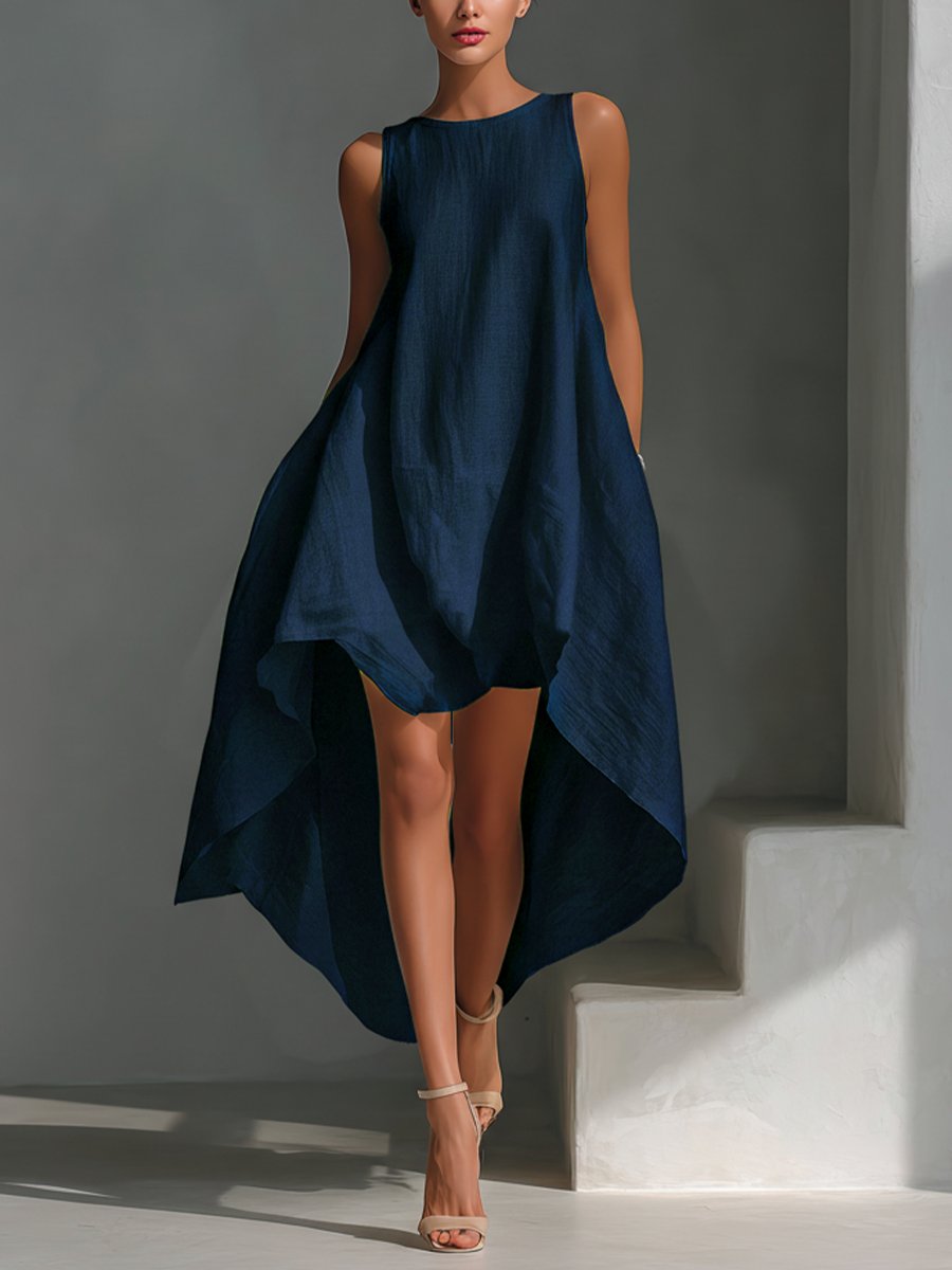 Women's Sleeveless Linen Midi Dress with Pointed Hem Panels for Summer Occasions | Koossa