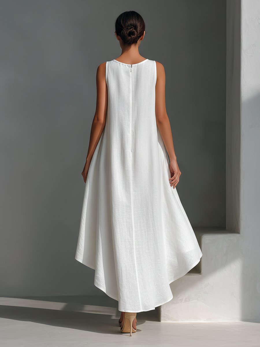 Women's Sleeveless Linen Midi Dress with Pointed Hem Panels for Summer Occasions | Koossa
