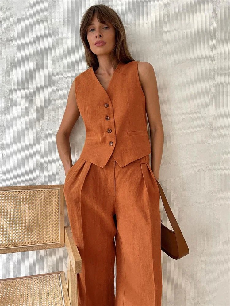 Women's Sleeveless Linen Waistcoat and Wide-Leg Trouser Two-Piece Set in Orange, Beige and Black for Spring Summer Wedding Guest Attire and Smart-Casual Occasions | Koossa