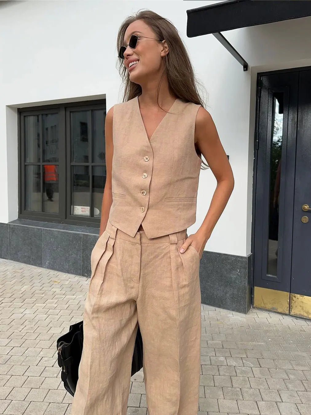Women's Sleeveless Linen Waistcoat and Wide-Leg Trouser Two-Piece Set in Orange, Beige and Black for Spring Summer Wedding Guest Attire and Smart-Casual Occasions | Koossa
