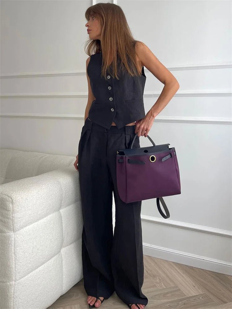 Women's Sleeveless Linen Waistcoat and Wide-Leg Trouser Two-Piece Set in Orange, Beige and Black for Spring Summer Wedding Guest Attire and Smart-Casual Occasions | Koossa