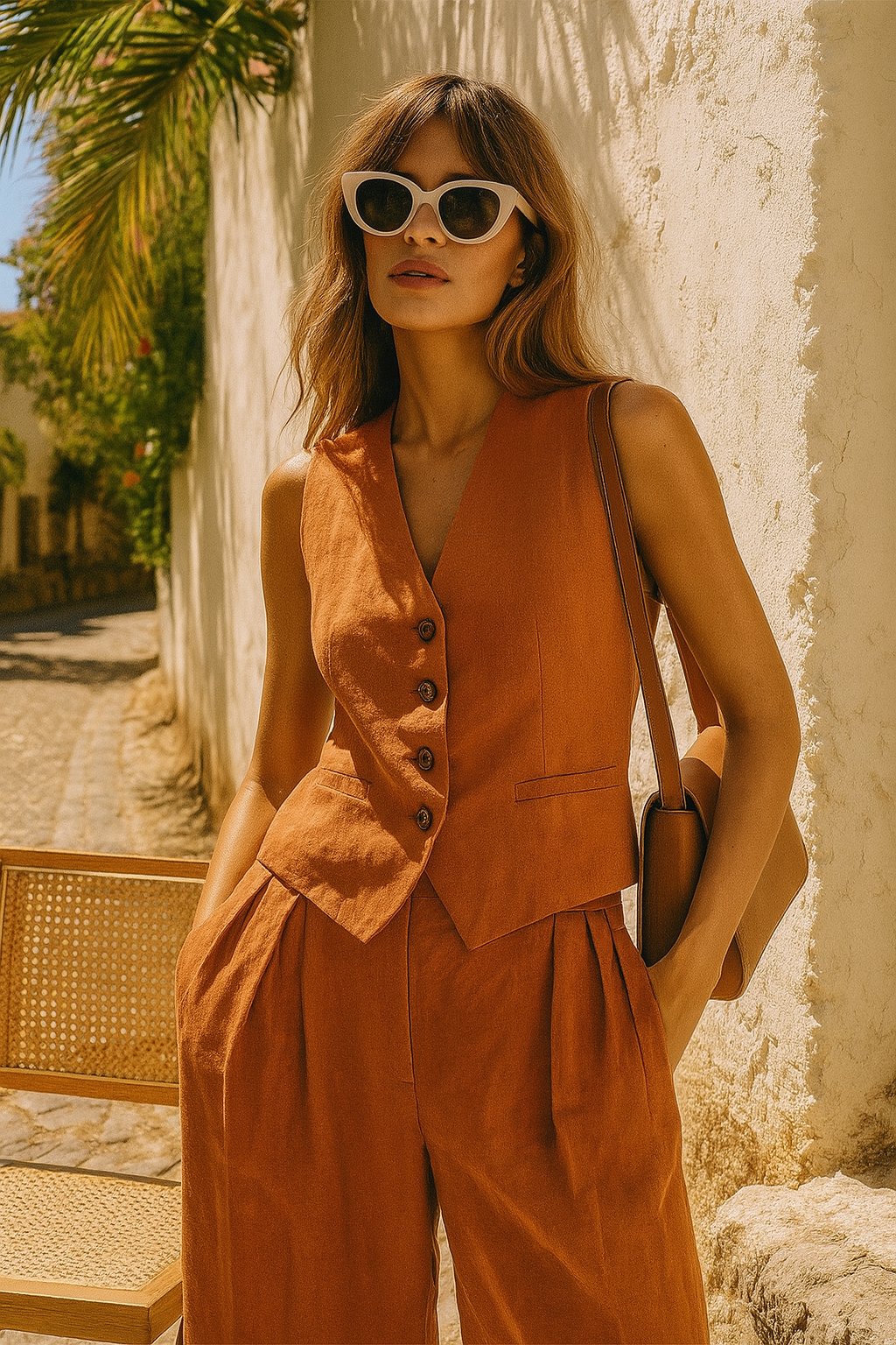 Women's Sleeveless Linen Waistcoat and Wide-Leg Trouser Two-Piece Set in Orange, Beige and Black for Spring Summer Wedding Guest Attire and Smart-Casual Occasions | Koossa