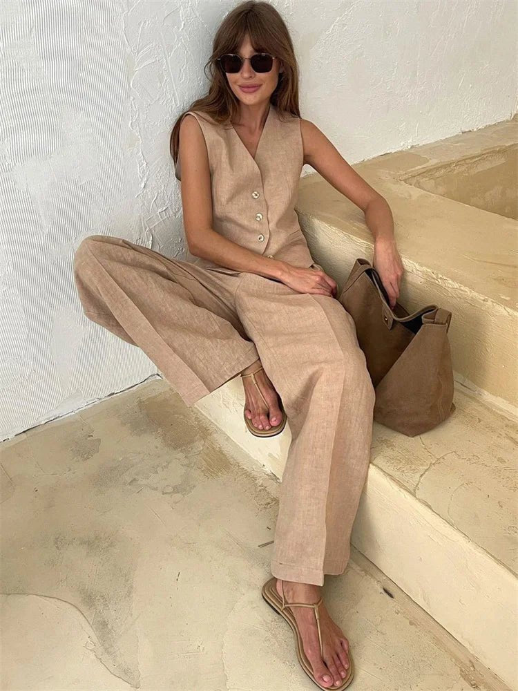Women's Sleeveless Linen Waistcoat and Wide-Leg Trouser Two-Piece Set in Orange, Beige and Black for Spring Summer Wedding Guest Attire and Smart-Casual Occasions | Koossa