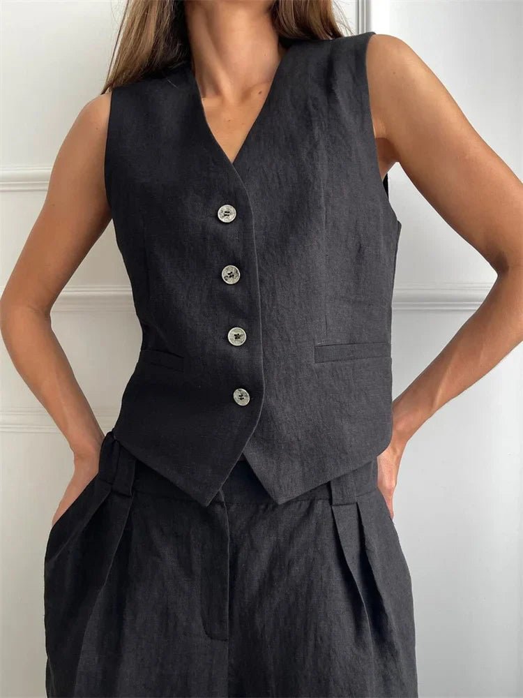 Women's Sleeveless Linen Waistcoat and Wide-Leg Trouser Two-Piece Set in Orange, Beige and Black for Spring Summer Wedding Guest Attire and Smart-Casual Occasions | Koossa